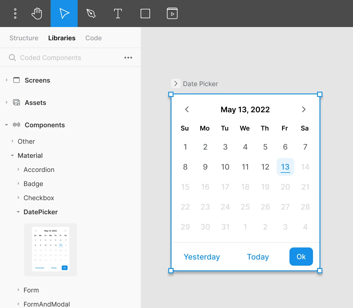 Sail's component library listing generated components, with a date picker selected