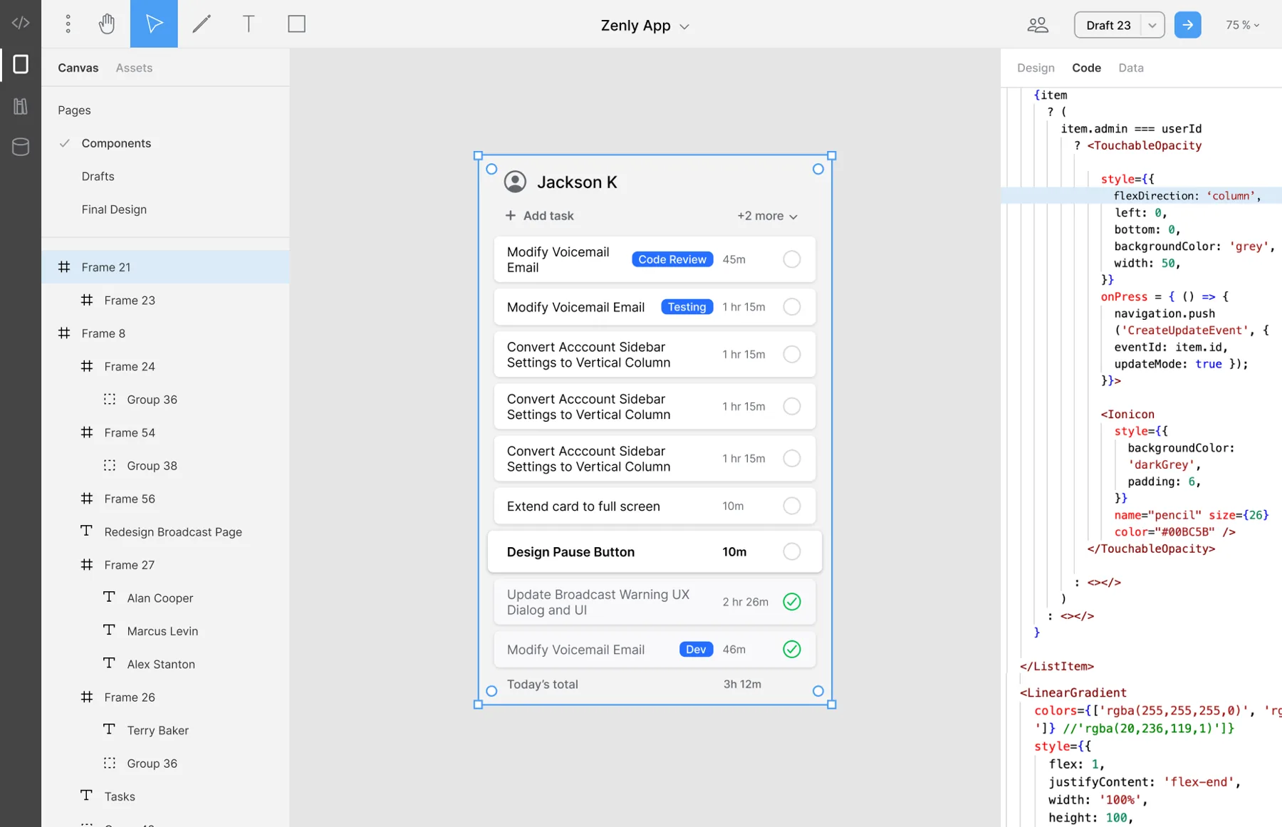 Sail's code view beside the canvas, showing the generated component code