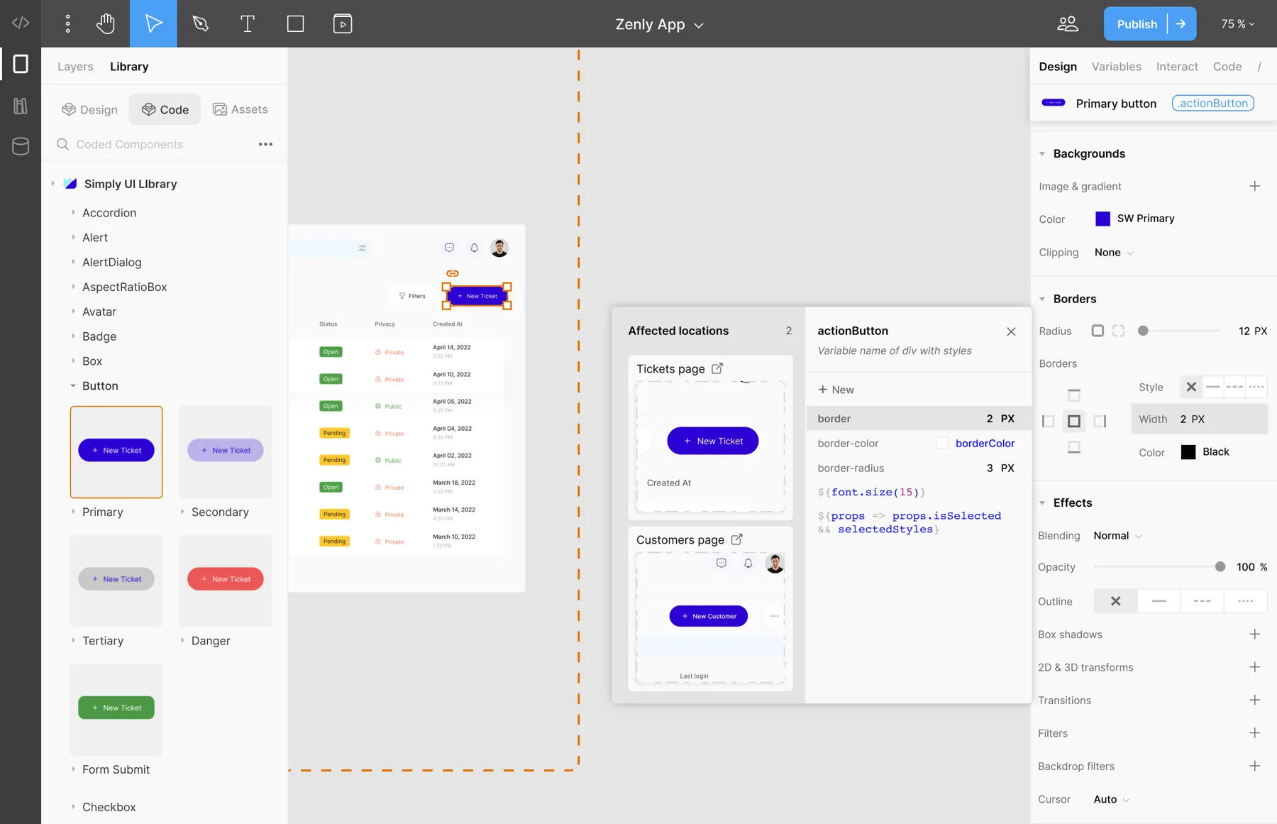 A selected button in Sail with its CSS properties open in the inspector