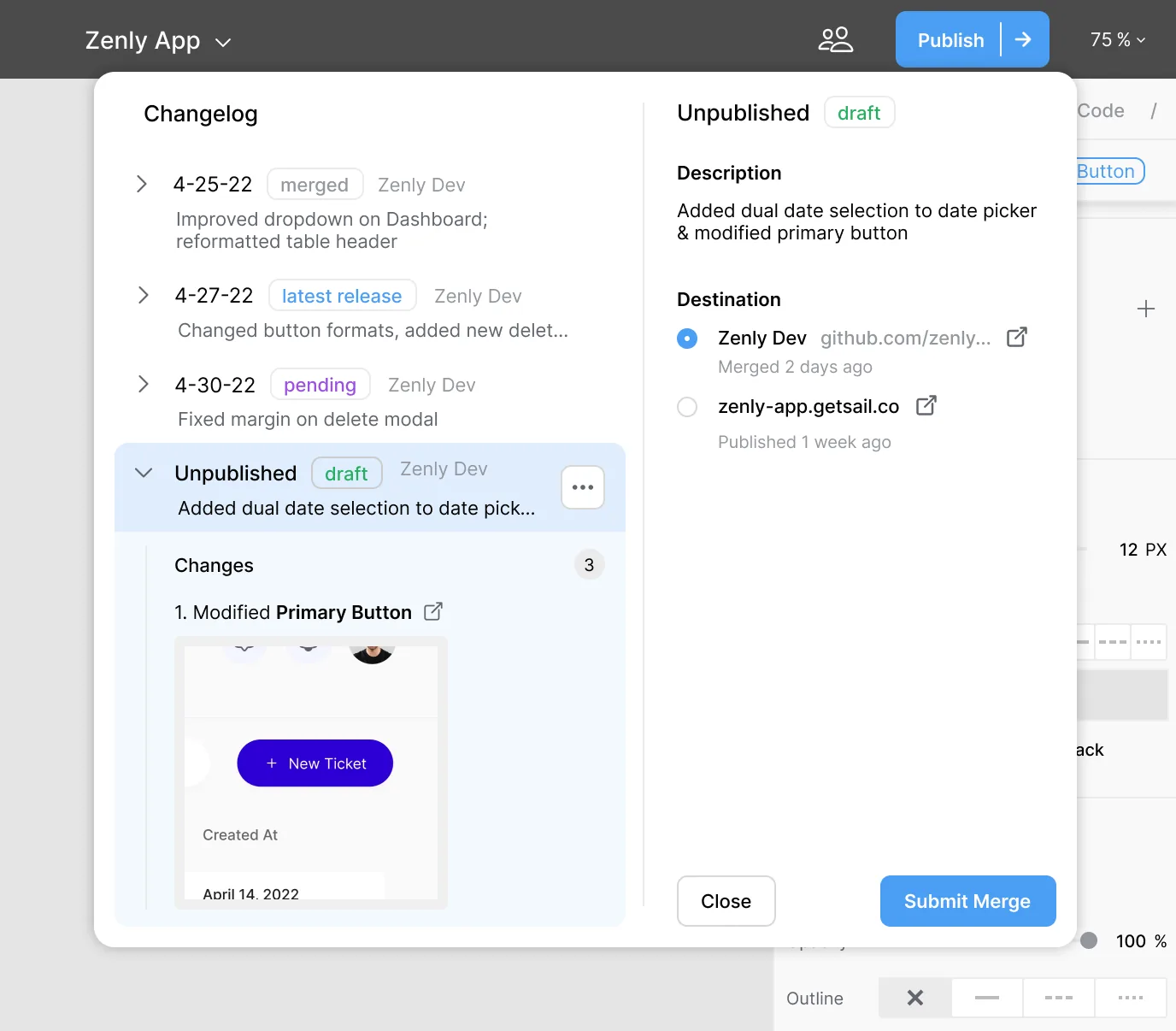 Sail's changes panel listing merged and pending changes and a destination GitHub repo