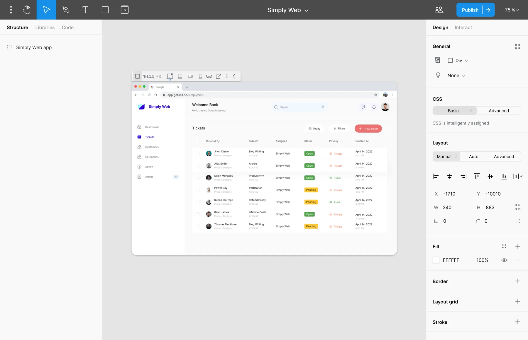 Sail editor showing a ticketing app rendered on the canvas with the layer tree and design panel